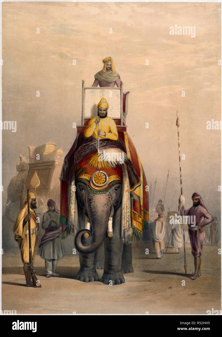 The rajah of Putteealla. Portraits Of The Princes & People Of India. London, J. Dickinson & Son, 1844. Maharaja Karm Singh of Patiala (ruled from 1813 to 1845) with guards and escort, on his state elephant.  Image taken from Portraits Of The Princes & People Of India.  Originally published/produced in London, J. Dickinson & Son, 1844. . Source: X 546, plate 6. Language: English. Author: Eden, Emily. Eden. Emily. Dickinson, Lowes Cato. Stock Photo