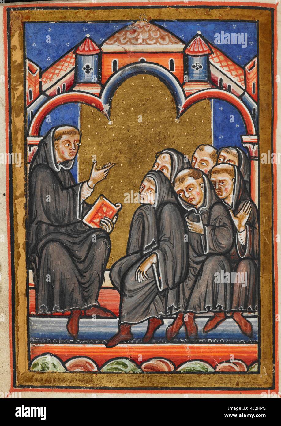 Miniature of Cuthbert teaching the monks in the monastery of