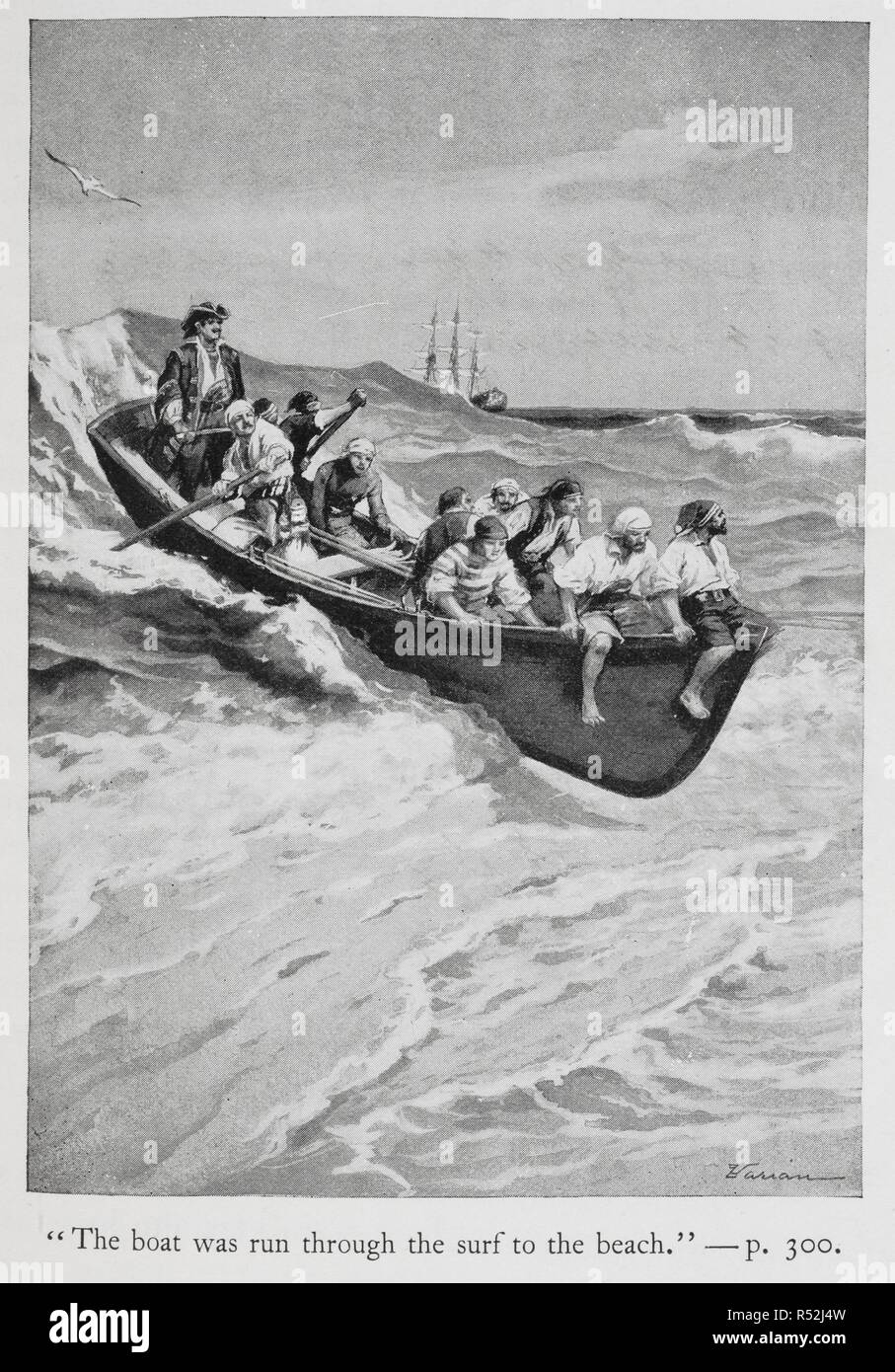 'The boat was run through the surf to the beach'. Illustration showing pirates and their captain in a boat. . Buccaneers and Pirates of our Coasts ... New York, 1898. Source: 9770.aa.8, page 300. Author: Stockton, Frank Richard. Varian, G. Stock Photo