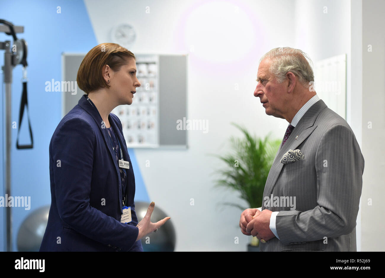 The Prince of Wales meets occupational therapist Lauren Soames (left) during his visit to the recently refurbished King's Lynn Police Station in King's Lynn, Norfolk. Stock Photo