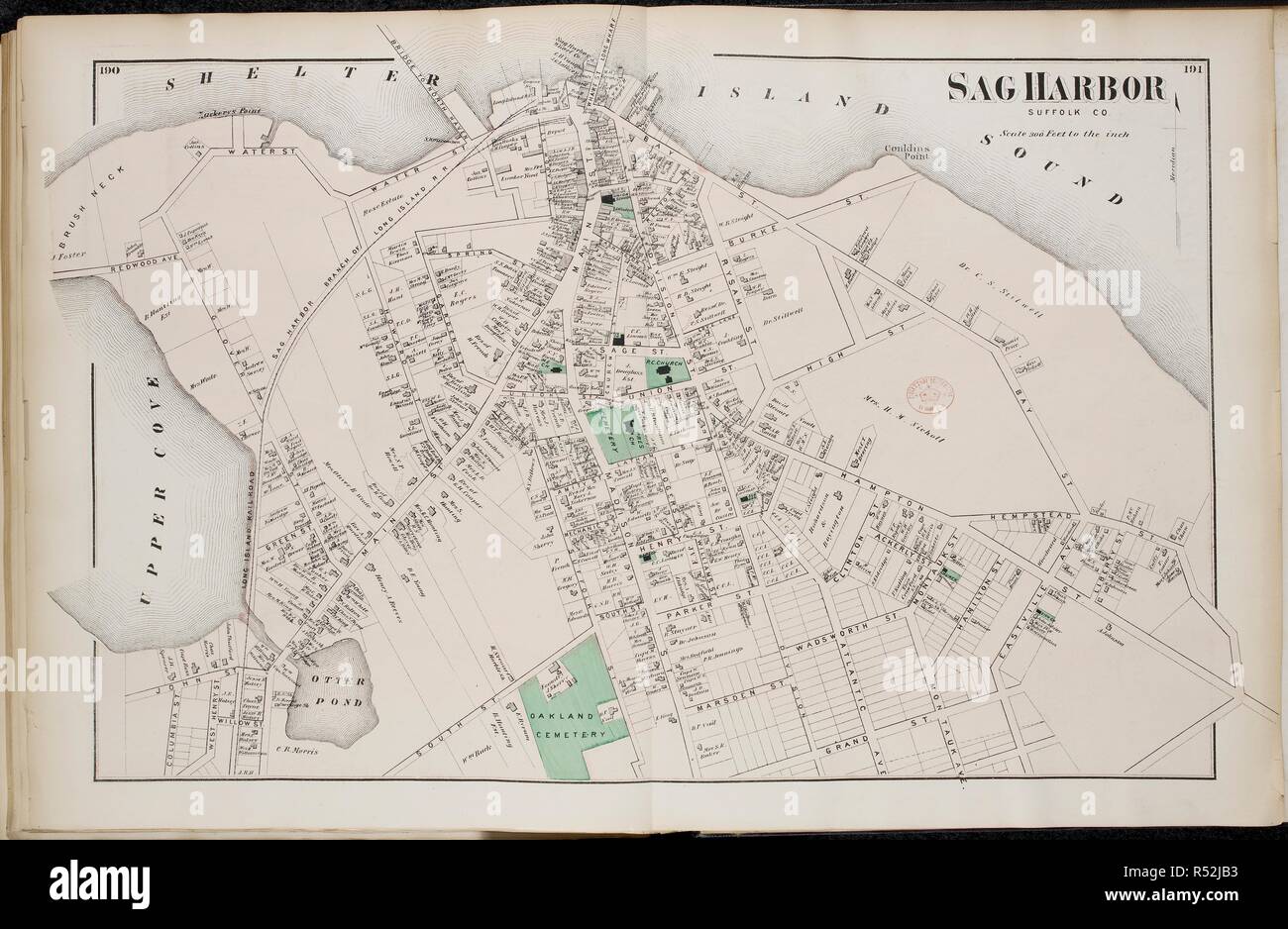 Map of Sag Harbor, on Long Island New York in the United States. . Atlas of Long Island, New York. From recent and actual Surveys and Records under the superintendence of F.W. Beers. New York, 1873. Source: Maps 33.d.17 ff.190-191. Language: English. Stock Photo