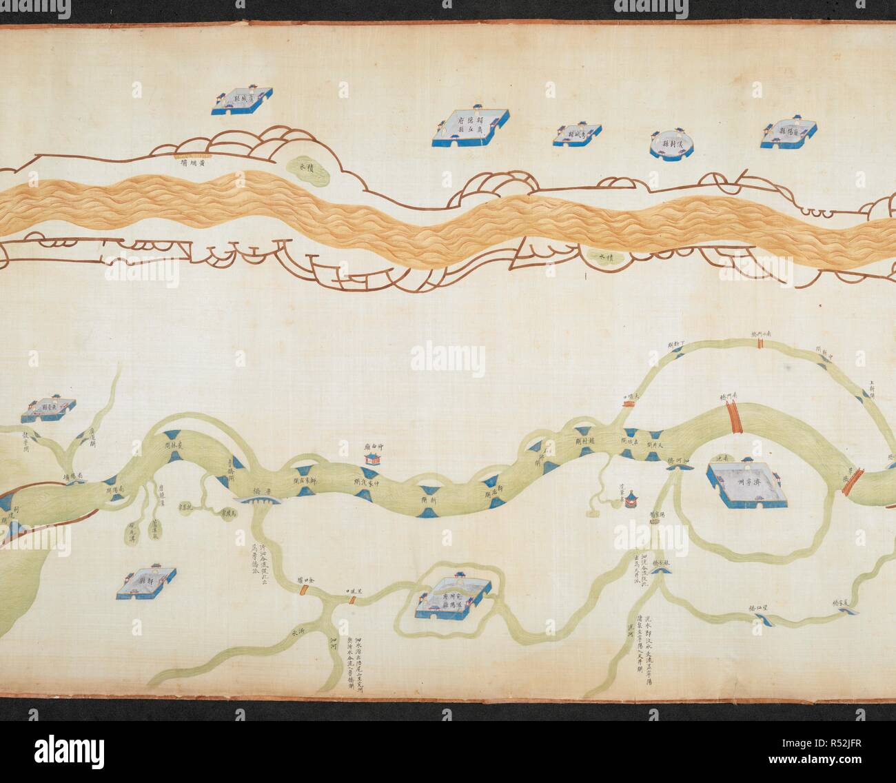 A section from an eighteenth century picture map which shows the whole thousand mile length of the canal on a long roll. Grand Canal (China). 18th century. Source: Or. 2362, detail. Language: Chinese. Stock Photo
