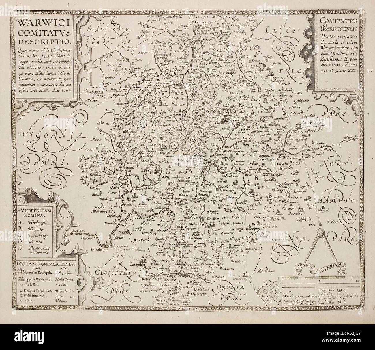 Map of Warwici Comitatvs, or Warwickshire, and Warwick. . A collection of 37 Maps of the counties of England. London. H. Overton, 1714. A collection of 37 Maps of the counties of England, being reprints, of J. Speedâ€™s maps, by Henry Overton, together with those of P. Stent reprinted by John Overton, and maps of Derbyshire and Yorkshire engraved by S. Nicholls. Source: Maps.145.c.9 18. Language: Latin. Stock Photo