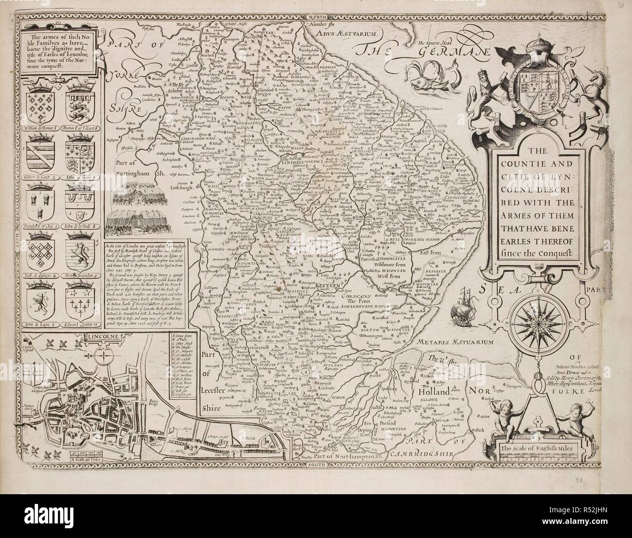 A county map of Lincolnshire. A collection of 37 Maps of the counties of England. London. H. Overton, 1714. A collection of 37 Maps of the counties of England, being reprints, of J. Speedâ€™s maps, by Henry Overton, together with those of P. Stent reprinted by John Overton, and maps of Derbyshire and Yorkshire engraved by S. Nicholls. Source: Maps.145.c.9 30. Language: English. Stock Photo