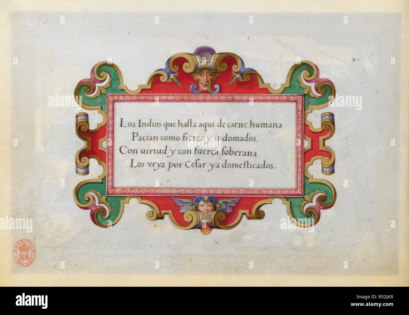 An inscription about one of the military victories of Emperor Charles V of Spain. . A SERIES of twelve miniatures illustrating the victories of the Emperor Charles V. with descriptive quatrains in Spanish. Antwerp. A SERIES of twelve miniatures illustrating the victories of the Emperor Charles V. with descriptive quatrains in Spanish. Each miniature, including a border 3/4 inch wide, measures 10 1/4 inches in length by 7 inches in height, and is painted on the recto of a leaf of vellum, 11 1/2 x 8 inches. Source: Add. 33733 f.9v. Language: Spanish. Stock Photo