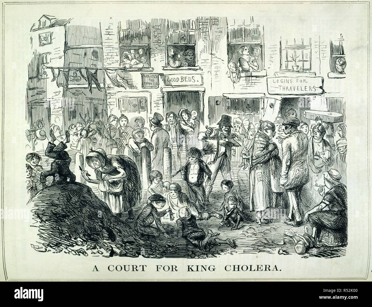 'A court for King Cholera.' . Punch, or the London Charivari. London, 25th September 1852. A court for King Cholera'. A crowd scene.  Image taken from Punch, or the London Charivari.  Originally published/produced in London, 25th September 1852. . Source: P.P.5270 volume 23, 139. Language: English. Stock Photo