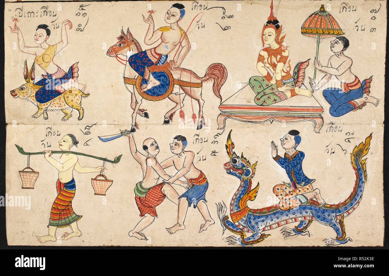 Mascot figures who influence the fortunes of persons born in the year of the rabbit. Fortune telling manual. c.1850. Painted on folded paper. Source: Or. 13650, f.16. Language: Thai. Stock Photo