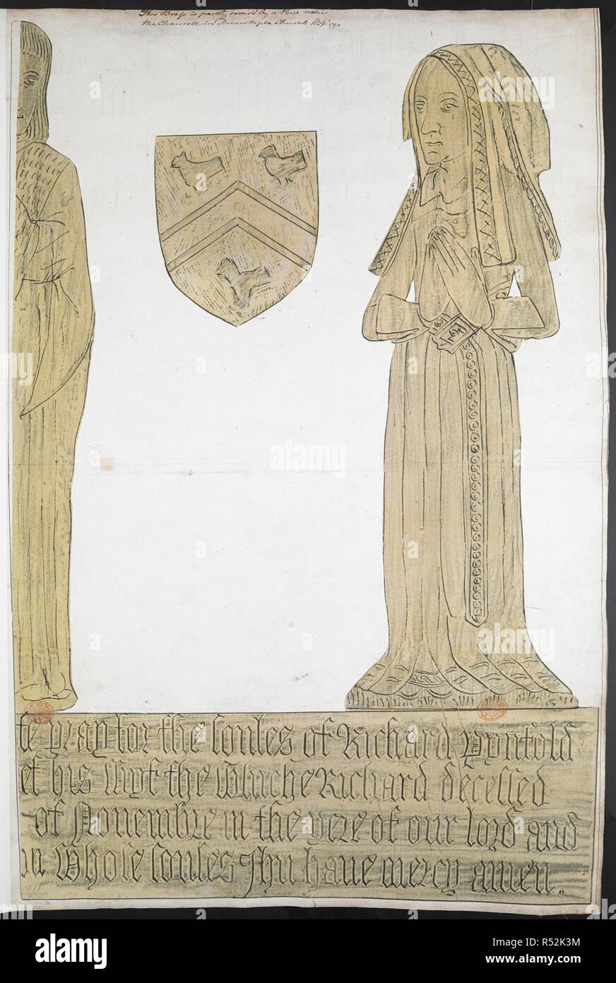 Two brass rubbings of a monumental brass depicting a man, a women, a coat of arms and an inscription plaque from The Priory Church of St Peter, Dunstable. The male figure is only partially depicted. This Brass is partly cover'd by a Pew near the Chancell in Dunstable Church. 1790. Pen and black ink with black crayon. Source: Maps K.Top.7.6.a.4. Language: English. Author: Baskerfield, Thomas. Stock Photo