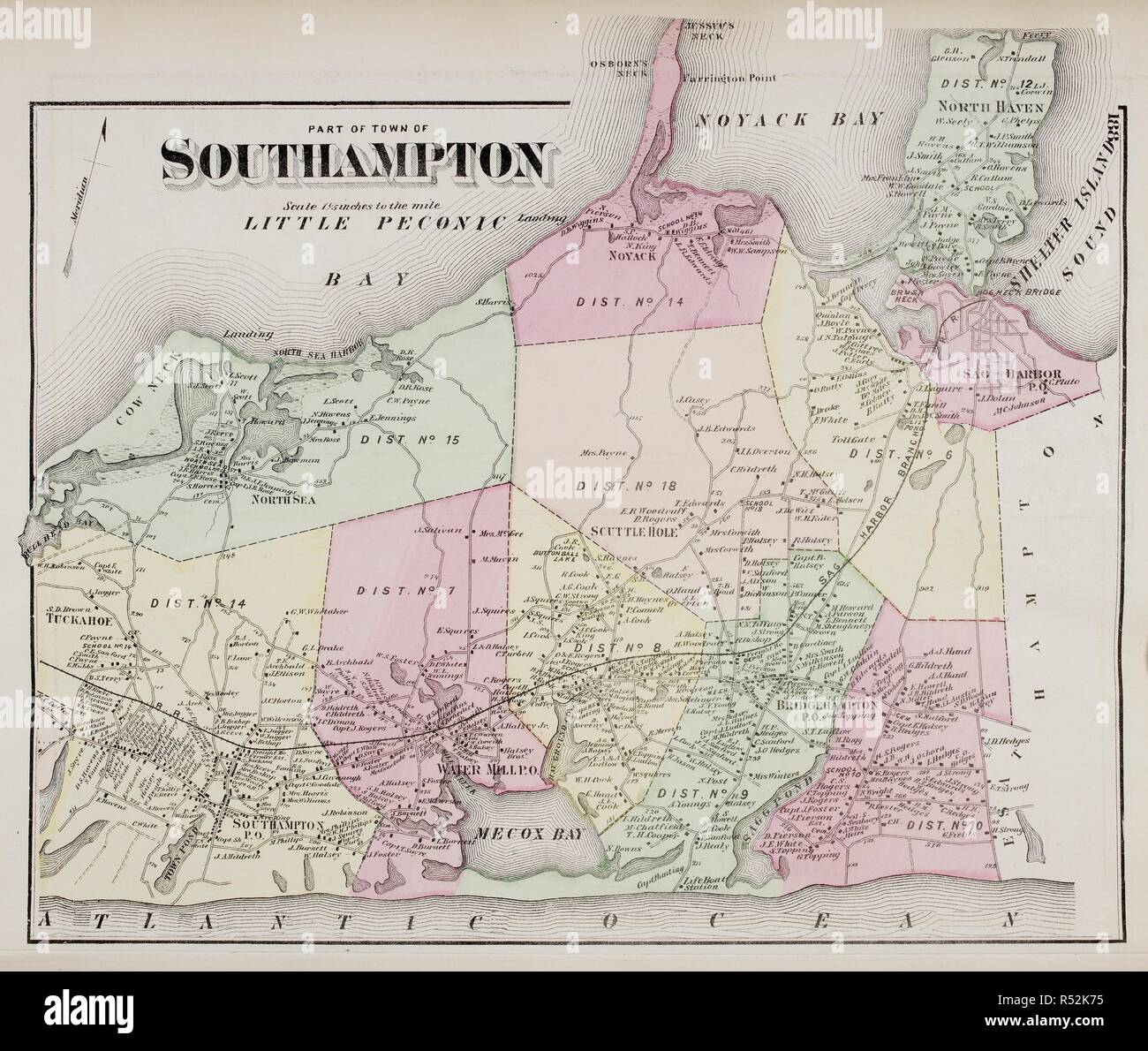 Map of Southampton, on Long Island New York in the United States. . Atlas of Long Island, New York. From recent and actual Surveys and Records under the superintendence of F.W. Beers. New York, 1873. Source: Maps.33.d.17 f.188. Language: English. Stock Photo
