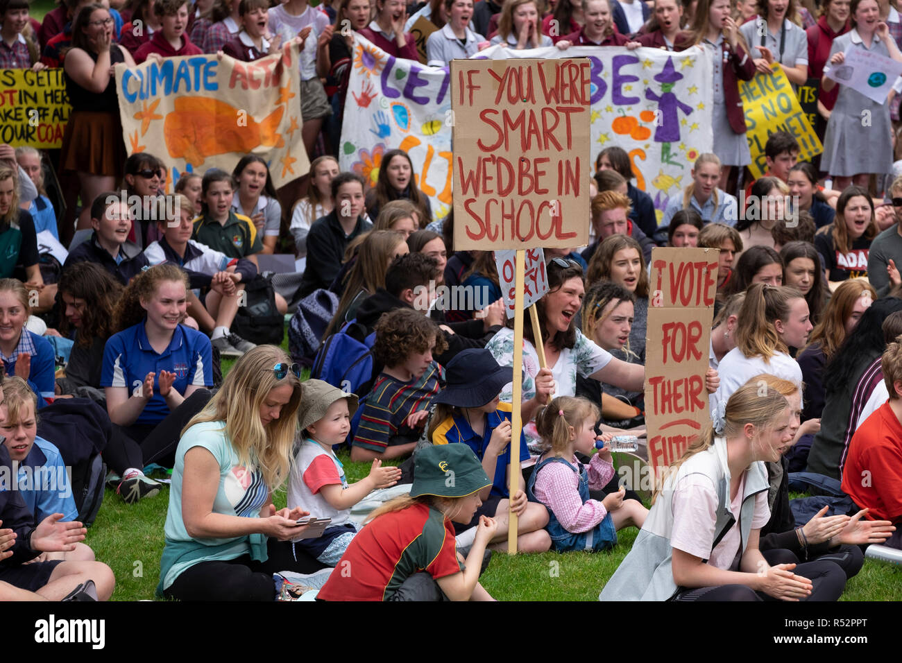 About 1000 school student gathered today November 29 2018 in front of Parliament House in Hobart, Tasmania to demand government action on global warming and climate change. Stock Photo