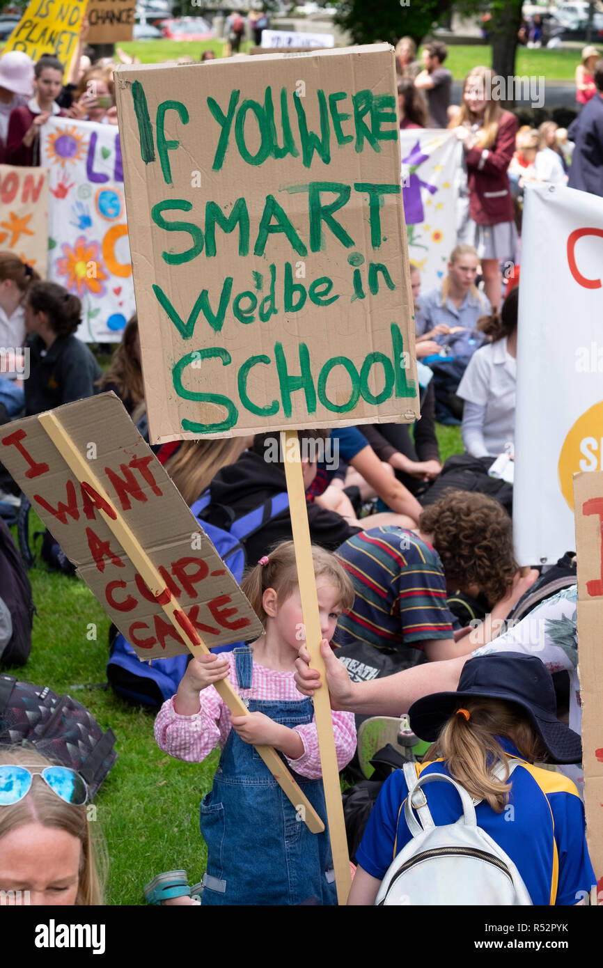 About 1000 school student gathered today November 29 2018 in front of Parliament House in Hobart, Tasmania to demand government action on global warming and climate change. Stock Photo