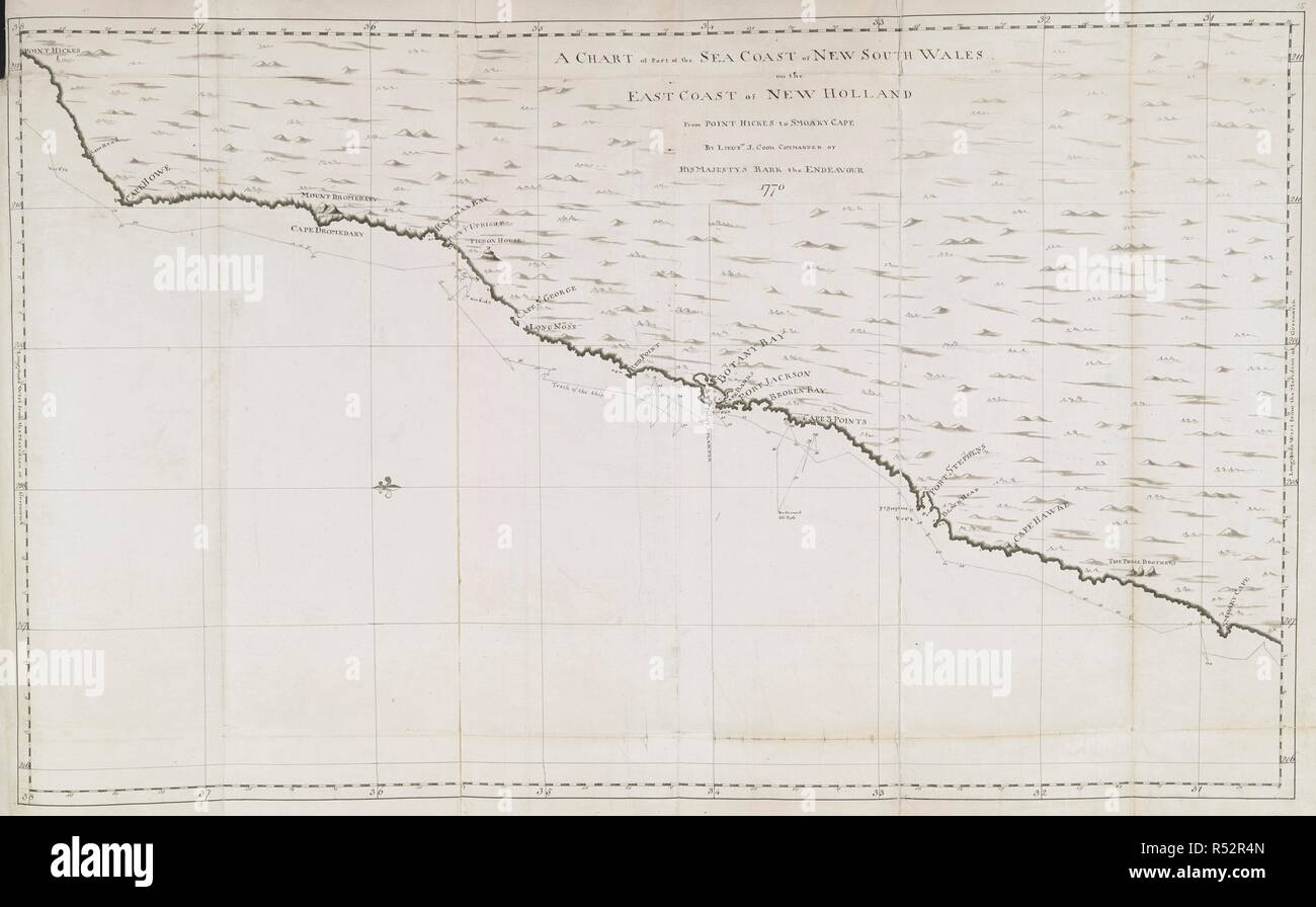 A chart of part of the sea coast of New South Wales, on the east coast of New Holland, from Point Hickes to Smoaky Cape; drawn by Lieut. James Cook, 1770. Charts, Plans, Views, and Drawings taken on board the Endeavour during Captain Cook's First Voyage, 1768-1771. 1770. Source: Add. 7085, No.35. Stock Photo