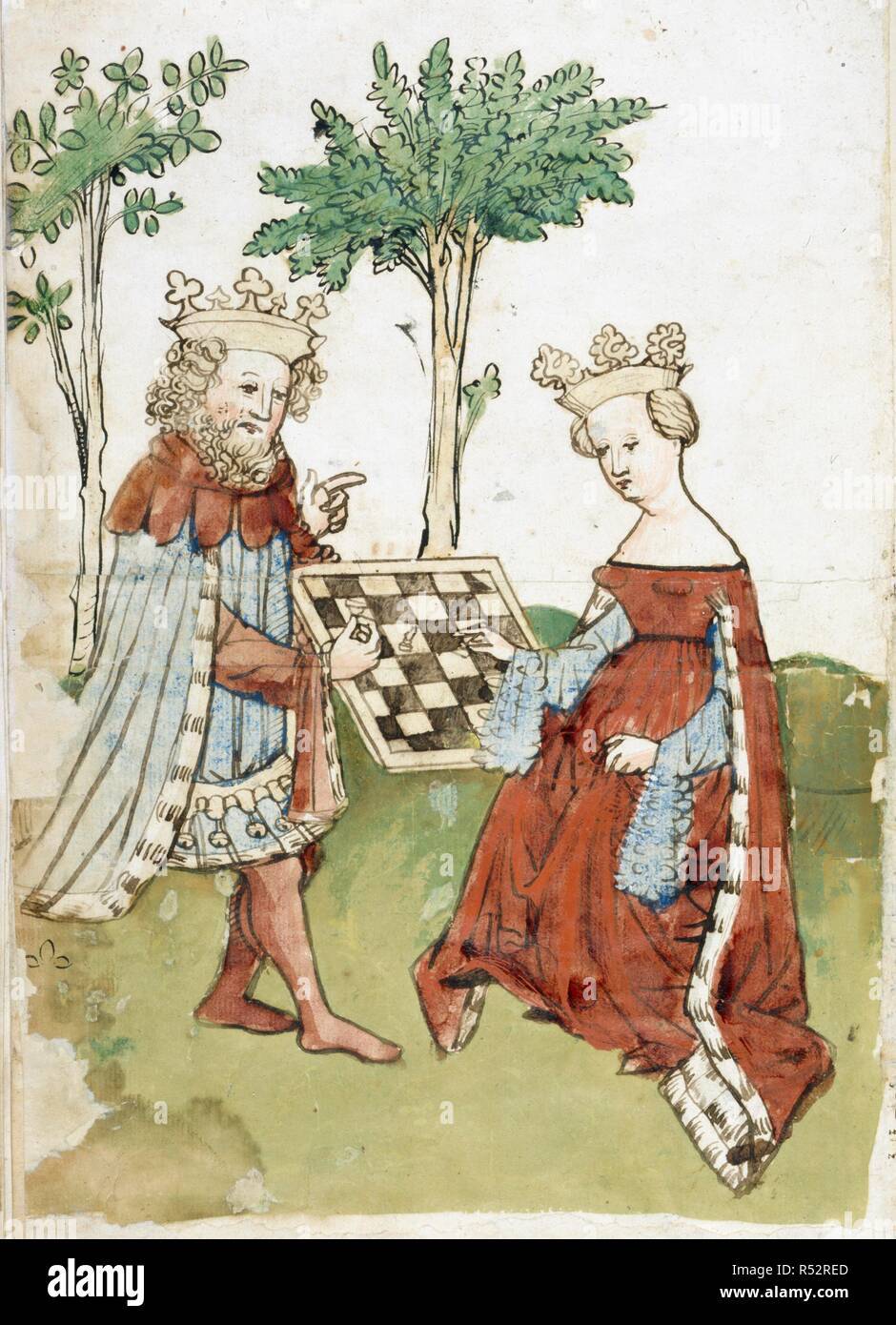 King and queen playing chess. Das Schachzabelbuch. Germany; 15th century.  [Whole folio] King and queen playing chess. An illustration from 'Das  Schachzabelbuch'; a paraphrase in German verse by von Ammenhusen from the