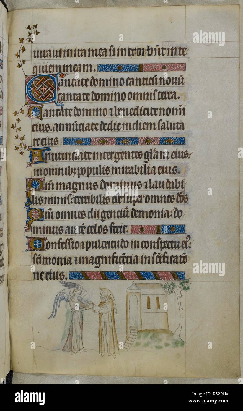 Bas-de-page scene of an angel, sent by the Virgin, delivering an infant to a hermit to be nurtured; a decorated initial 'C'(antate). Psalter ('The Queen Mary Psalter'). England (London/Westminster or East Anglia?); between 1310 and 1320. Source: Royal 2 B. VII, f.209. Language: Latin, with French image captions. Stock Photo