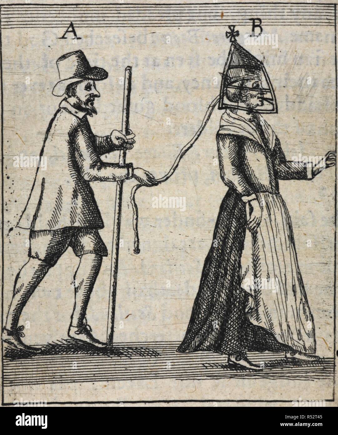A woman wearing a faceguard. A mean holding a lead attached to the faceguard. Englands grievance discovered in relation to the coal-trade. With the map of the River of Tine and situation of the town and corporation of Newcastle. London : For R. Ibbitson and P. Stent, 1655. Source: 1029.b.4. Language: English. Author: GARDINER, RALPH. Stock Photo