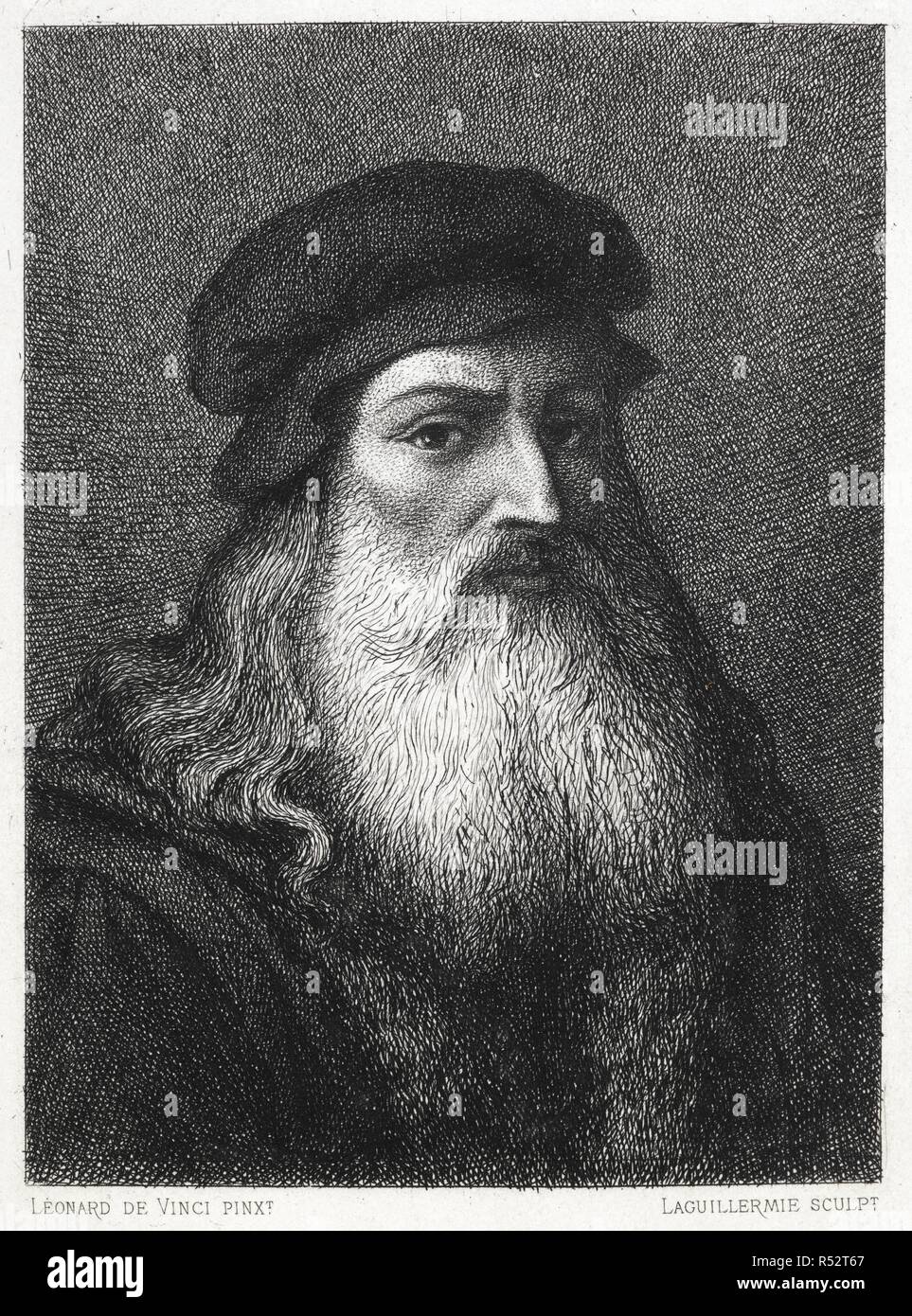 Portrait of Leonardo Da Vinci. Histoire de Leonardo de Vinci. Paris, 1869. HOUSSAYE, ArseÌ€ne. Source: 10631.cc.3, frontispiece. Language: French. Author: Houssaye, Arse? ne.Laguillermie. Stock Photo