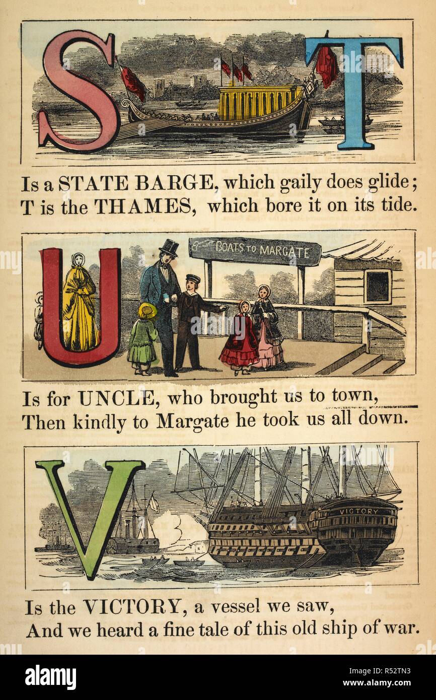 S is for state barge. T is for Thames. U is for uncle. V is for Victory. Dean's steam-boat alphabet : a companion to the Railway alphabet. London : Dean & Son, [1855]. Source: C.194.b.70.(1). Stock Photo