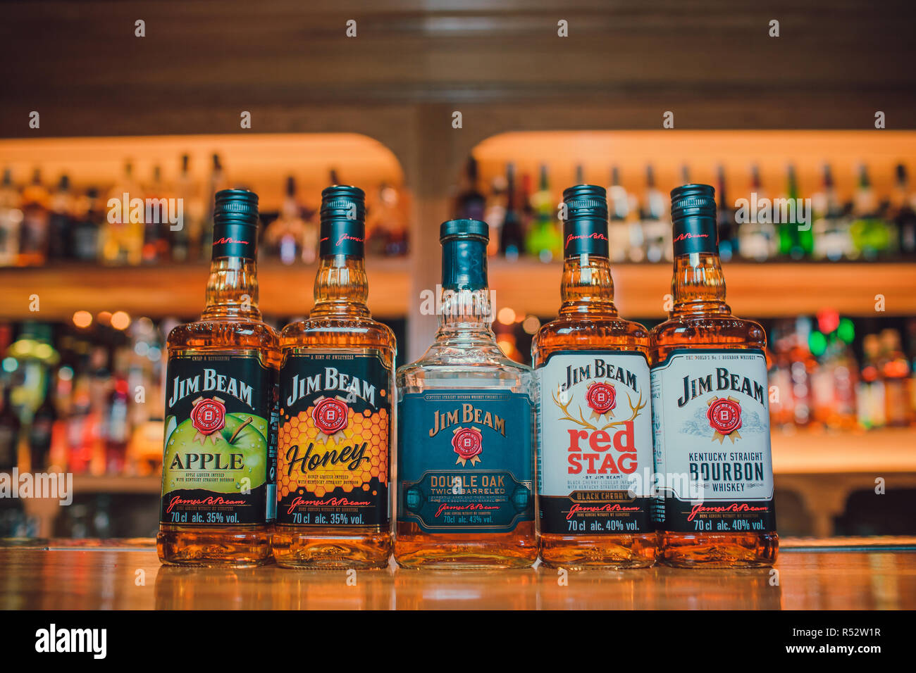 Ufa, Russia, Darling Bar, 20 November, 2018 Jim Beam Kentucky Bourbon Whiskey on store shelf