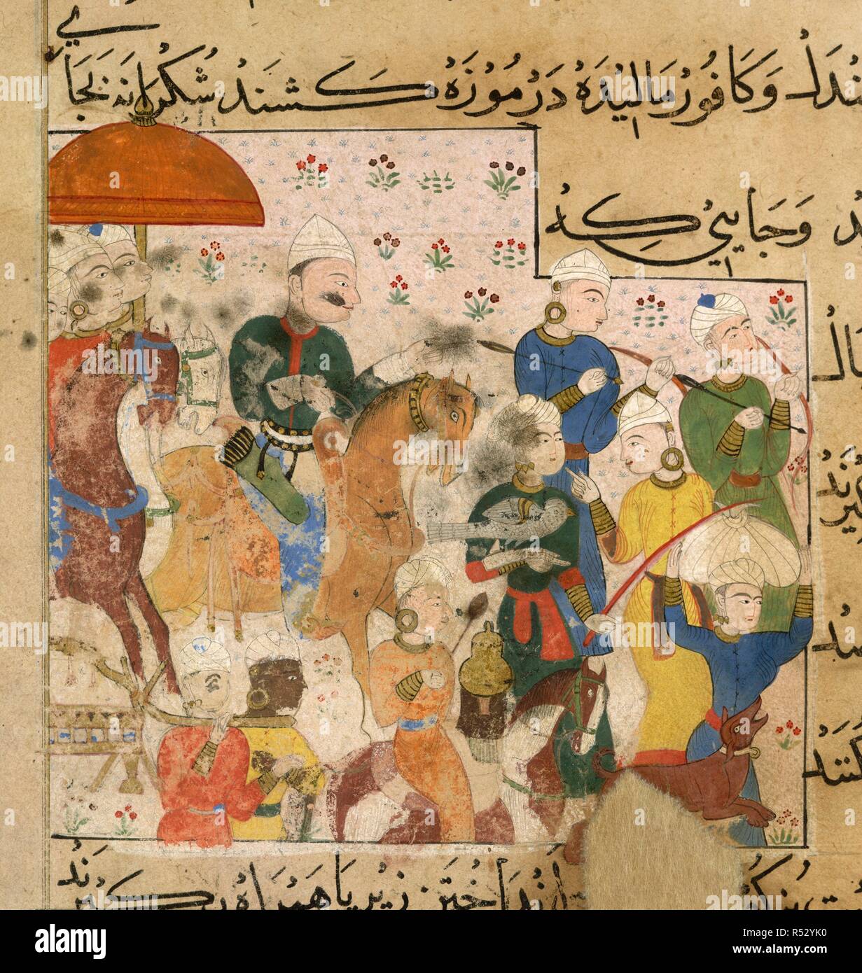 Hunting. The Ni'matnama-i Nasir al-Din Shah. A manuscript o. 1495 - 1505. Sultan Ghiyath al-Din going out hunting with the necessities. Ghiyath Shahi on a hunting expedition escorted by his throne bearers, arms bearers, falconer and mounted attendants. The horses are reminiscent of the raw-boned animals seen in Shiraz paintings of the 1430s. This section is concerned with advice for provisions and tactics used when hunting. Opaque watercolour. Sultanate style.  Image taken from The Ni'matnama-i Nasir al-Din Shah. A manuscript on Indian cookery and the preparation of sweetmeats, spices etc.  Or Stock Photo