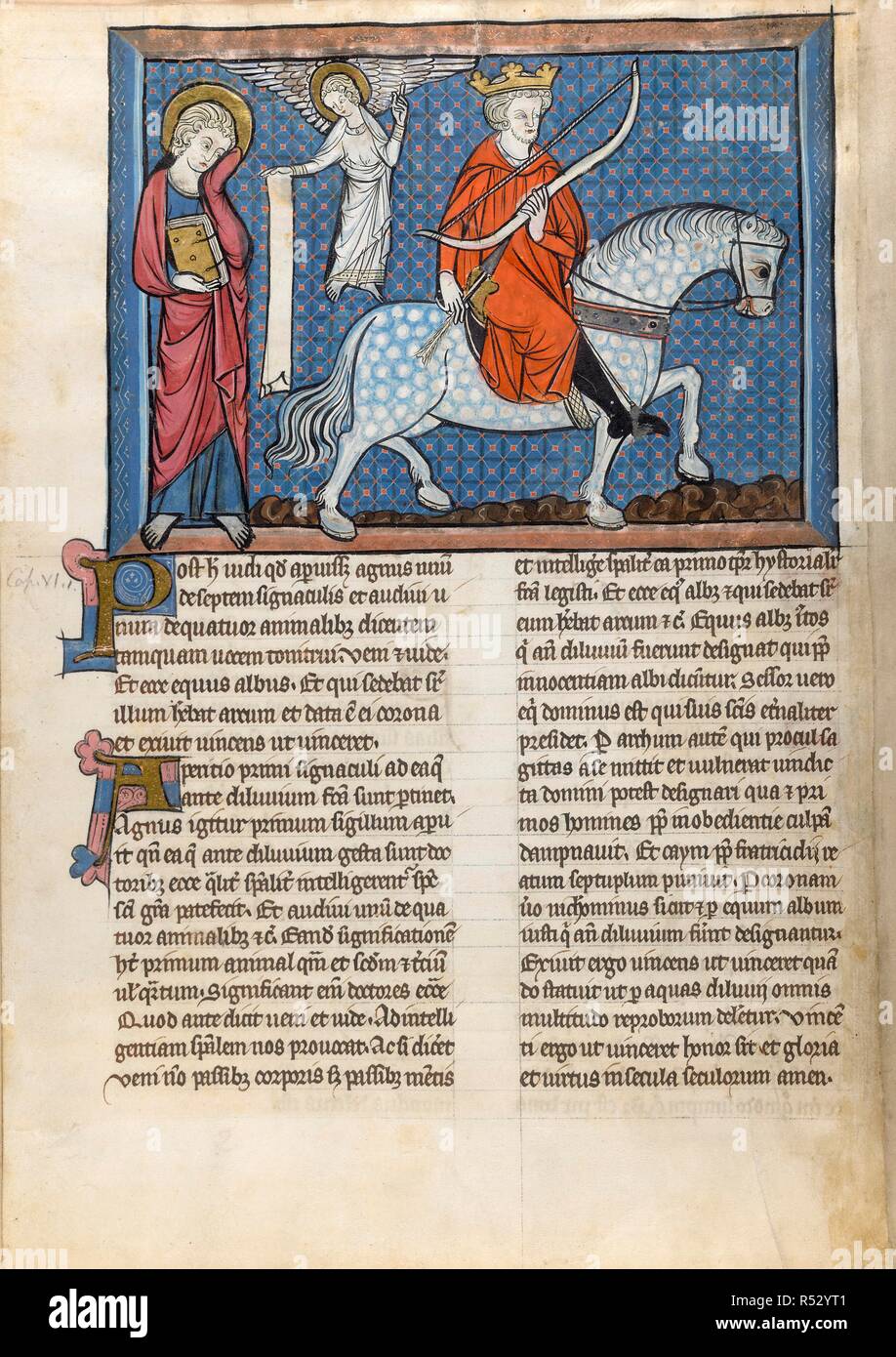 The Rider on White Horse. Apocalypse. 14th century. [Whole folio] The opening of the First Seal. St John, and the Rider on the White Horse, carrying a bow and wearing a crown, introduced by the angel holding a scroll. Book of Revelation, 6, 1-2.  Image taken from Apocalypse.  Originally published/produced in 14th century. . Source: Add. 22493, f.1v. Language: Latin. Stock Photo