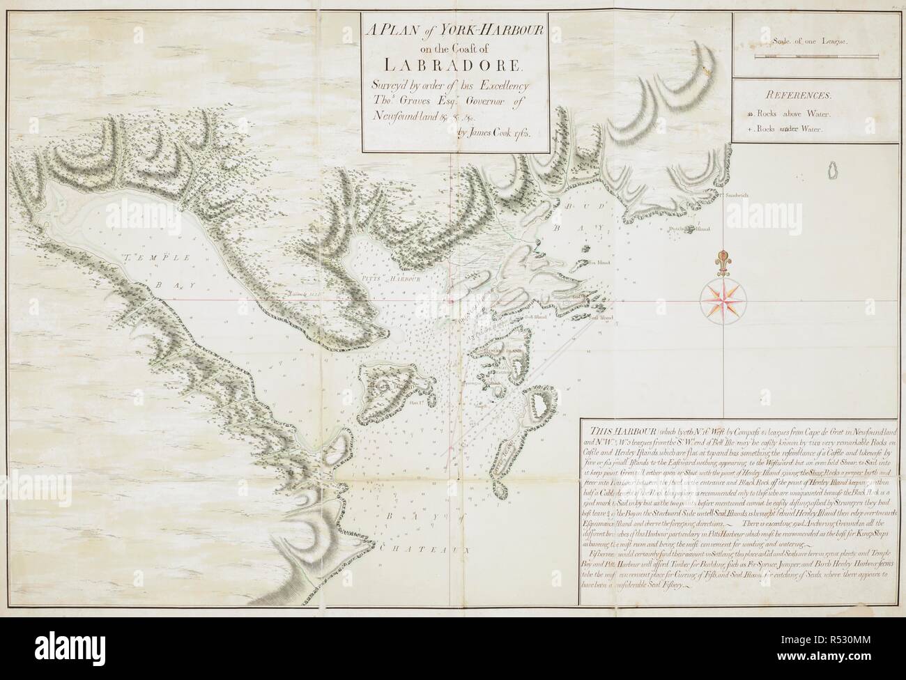 A plan of York harbour (also known as Chateaux Bay) on the coast of Labradore. Commissioned by Thomas Graves, Governor of Newfoundland from 1761 to 1764 , and completed by James Cook in 1763. Sixty-Seven Charts and maps illustrating the voyages and surveys of Capt. James Cook, R.N., and other discoverers. circa 1760-1780. Source: Add. 31360, No.24. Stock Photo