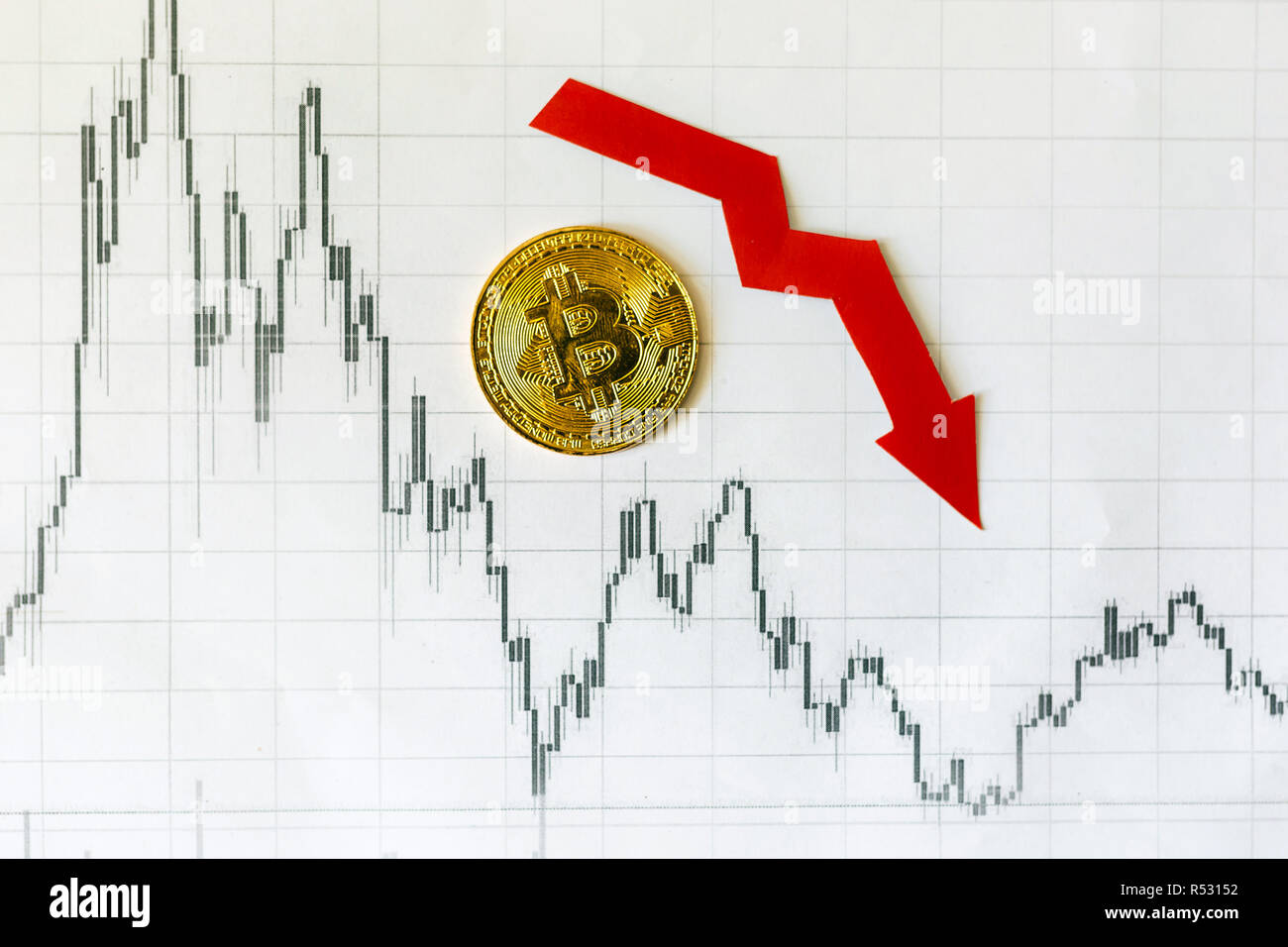 Depreciation of virtual money bitcoin. Red arrow and golden Bitcoin on  paper forex chart index rating go down on exchange market background.  Concept o Stock Photo - Alamy