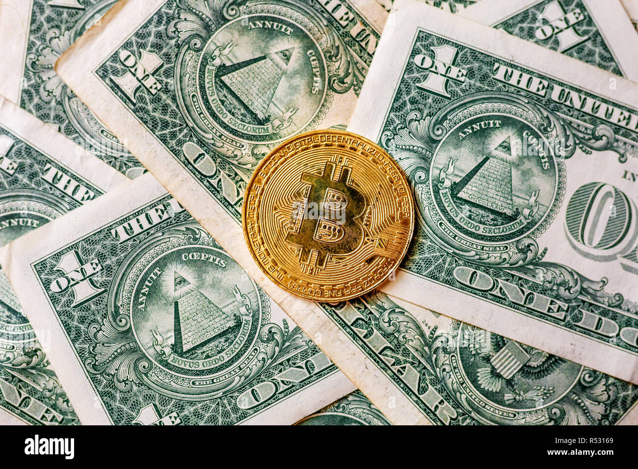 virtual money golden bitcoin on one dollar bill background. Concept of new  world order of cryptocurrency. Exchange bitcoin cash for a dollar Stock  Photo - Alamy