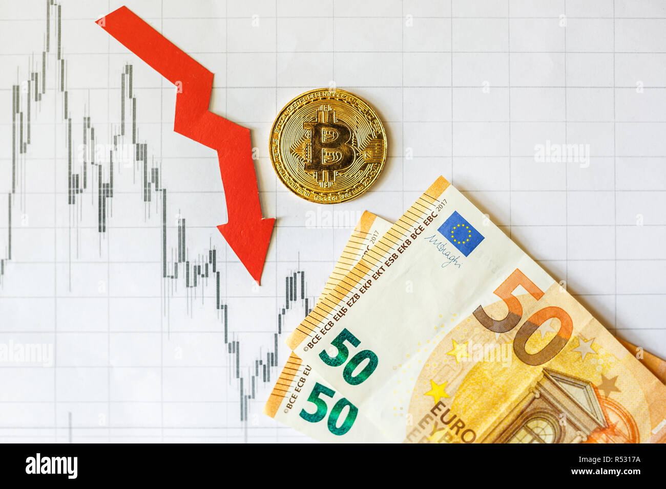 Depreciation of virtual money bitcoin. Red arrow and on euro bills and on  paper forex chart index background. Concept of depreciation of  cryptocurrenc Stock Photo - Alamy
