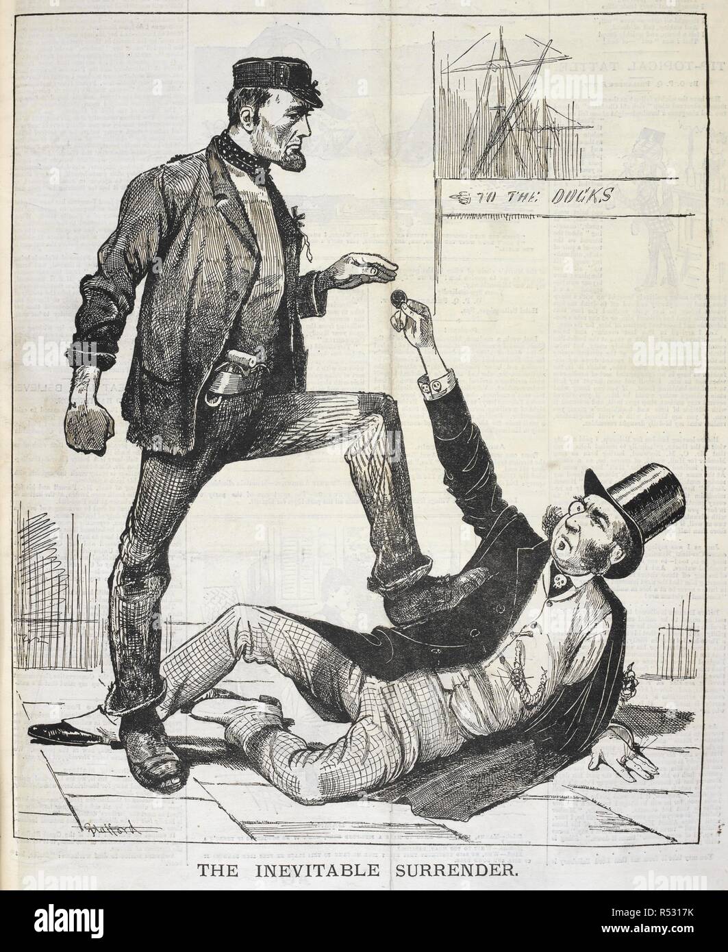 The inevitable surrender' A docker holding down a ship owner with his foot, until being paid.   This picture possibly refers to the The great 1889 dockers' strike.   . Funny folks. : A weekly budget of funny pictures, notes, jokes and stories. London, 1889. Source: Funny folks. 7 September 1889 page 281. Stock Photo
