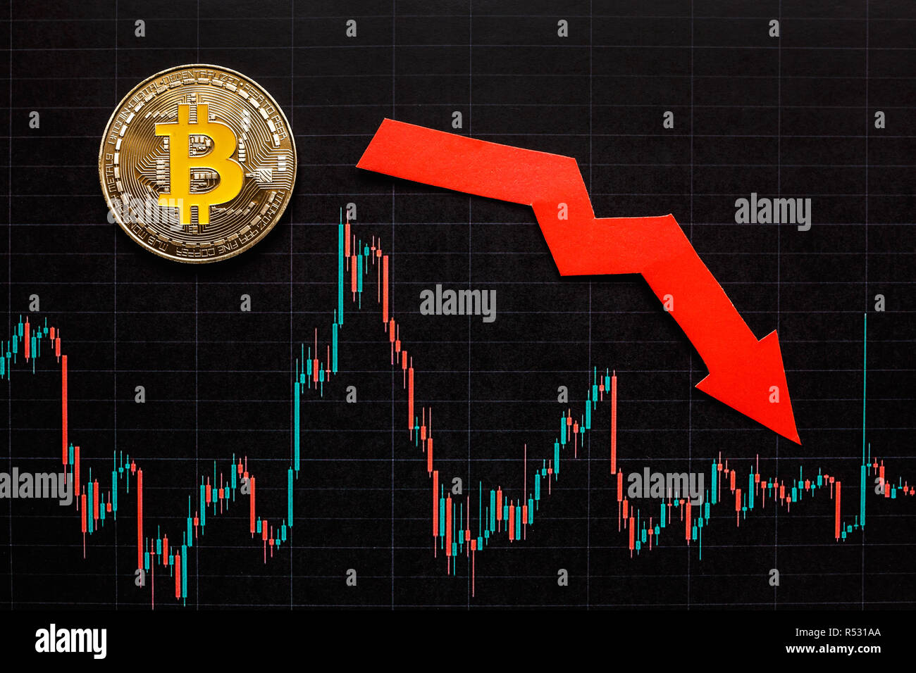 Depreciation of virtual money bitcoin. Red arrow and silver Bitcoin on  black paper forex chart index rating go down on exchange market background.  Con Stock Photo - Alamy