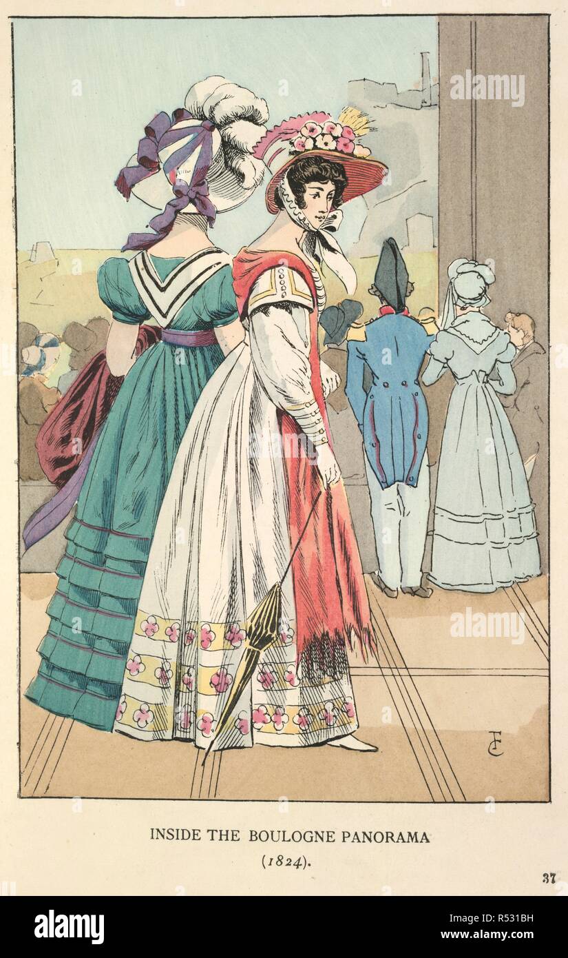 Inside the Boulogne Panorama. Fashion in Paris: the various phases of  feminine t. W. Heinemann: London, 1898. Inside the Boulogne Panorama  (1824). Two ladies wearing white and green dresses. They also wear