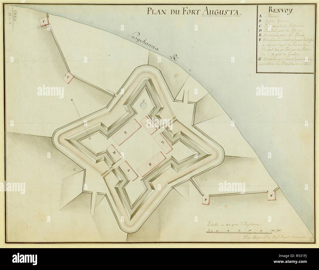 A plan of Fort Augusta, Pennsylvania . PLAN DU FORT AUGUSTA. [Fort Augusta?] : Elias Meyer Reg.t au Royal AmÃ©ricain, 1756. Source: Maps K.Top.122.11.a. Language: French. Stock Photo