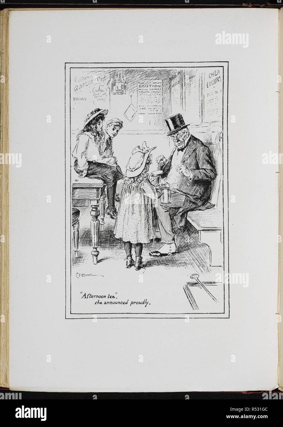 'Afternoon tea', she announced proudly. The Railway Children With drawings by C E Brock. London : Wells Gardner & Co., 1906. Source: 12813.y.7 page 155. Language: English. Author: Brock, Charles Edmund. Nesbit, afterwards Bland, Edith. Stock Photo