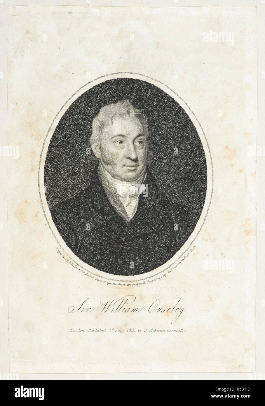Portrait of Sir William Ouseley  (1767 â€“ September, 1842), a British orientalist. Portrait of Sir William Ouseley. Published in London, 1811. Stipple engraving by H.R. Cook after S. Drummond. Source: P1484. Author: Cook, Henry R. Stock Photo
