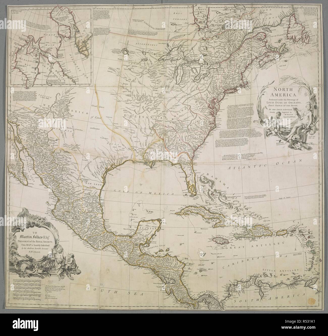 A map of North America. A map of Hudson Bay and Baffin's Bay inset at upper left. NORTH AMERICA. : Performed under the Patronage of LOUIS DUKE OF ORLEANS, FIRST PRINCE OF THE BLOOD. [London] : BY THE SIEUR D'ANVILLE. Greatly Improved by M.r BOLTON. Ingrav'd by R. W. Seale, MDCCL. Source: Maps K.Top.118.30. Language: English. Stock Photo