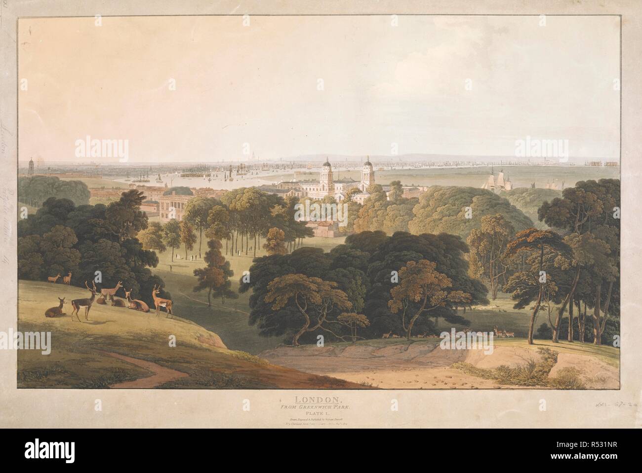 London, from Greenwich Park. / Plate 1. View of London from the hill above Greenwich Park, looking down on the Queen's House and the Royal Naval Hospital, with the City of London beyond, deer in the foreground to the left and among the trees in the park. Six Views of London, by Wm. Daniell, 1804,5. [London] : No. 9 Cleveland Street, Fitzroy Square, London, Augt 1 1804. 1 print : soft ground etching and aquatint with hand-colouring ; sheet 47.9 x 71.2 cm. Source: Maps K.Top.21.57.2a Port.11 TAB. Author: DANIELL, WILLIAM. Stock Photo