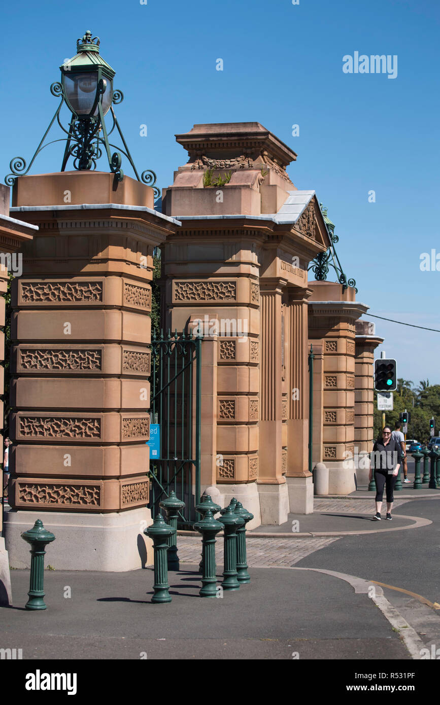 Massive carved stone gates at the Paddington entrance to Centennial