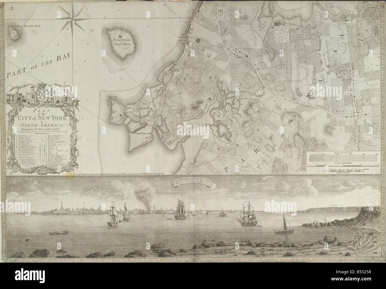 Plan of the City of New York, in North America: surveyed in the years 1766 & 1767... A South West View of the City of New York, taken from the Government Island. . Plan of the City of New York, in North America: surveyed in the years 1766 & 1767. To His Excellency Sir Henry Moore, Bart ... This Plan of the City of New York and its environs, survey'd and laid down. Is ... dedicated, by ... B. Ratzer ... Thos. Kitchin sculpt., etc. Scale of one mile[ = 16 2/5 mm.]. A South West View of the City of New York, taken from the Government Island. London : Jefferys & Faden, Jany. 12, 1776. 2 Sh. 894 x  Stock Photo