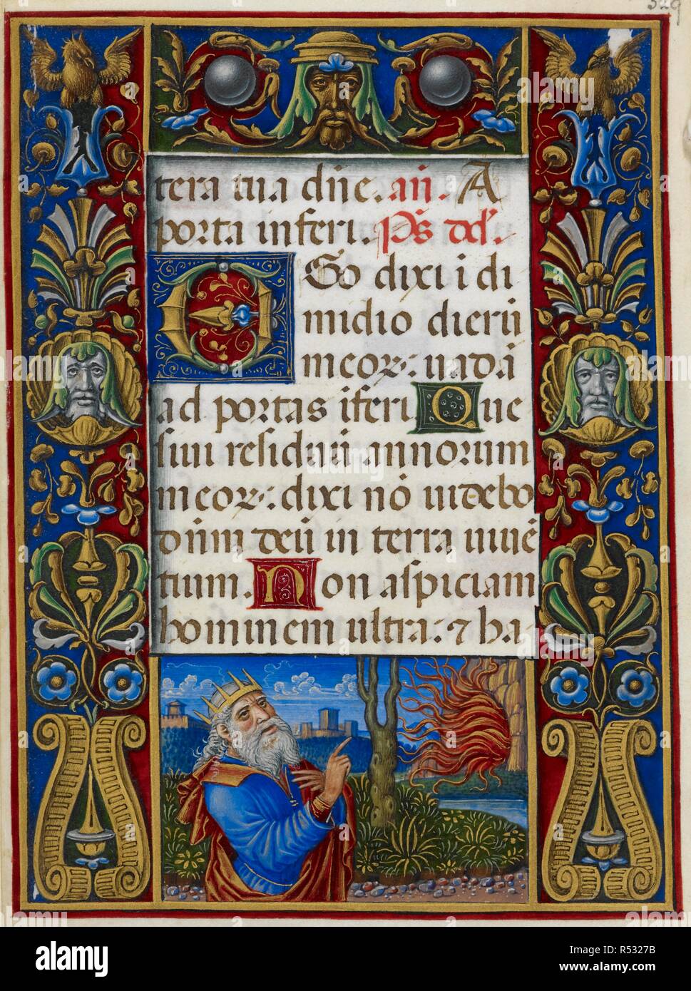 Text page from Office of the Dead with decorated border showing King Hezekiah. Sforza Hours. Milan, circa 1490; Flemish insertions, 1517-1520. Source: Add. 34294, f.329. Language: Latin. Author: Birago, Giovan Pietro. Stock Photo