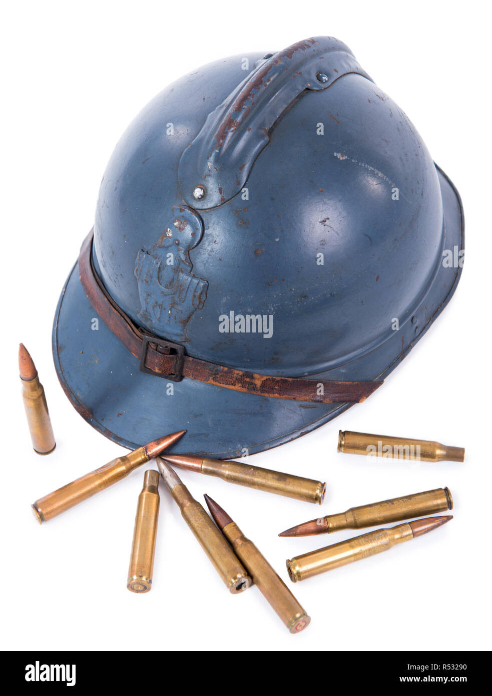 french military helmet of the First World War with ammunition isolated on white Stock Photo