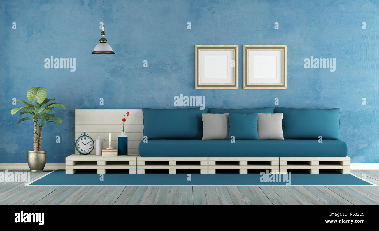 Blue retro living room Stock Photo - Alamy
