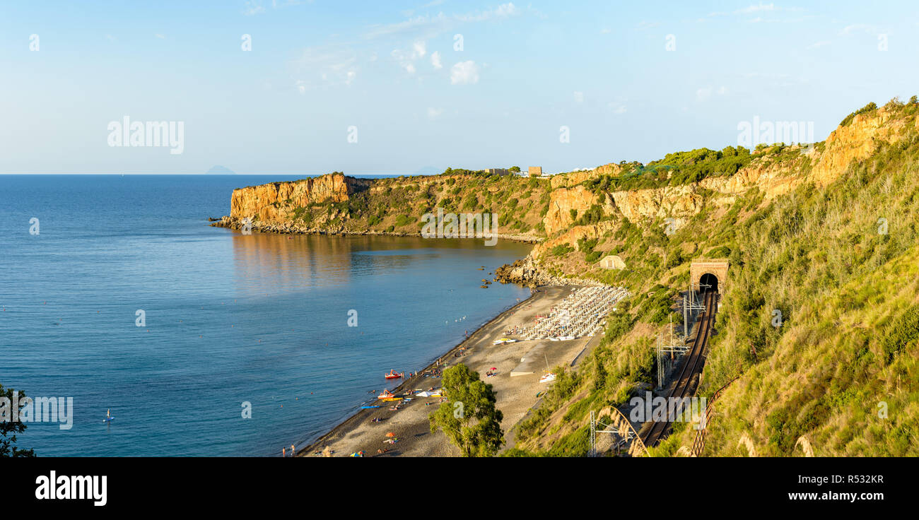 View of the beautiful Torre Conca beach and cape Rais Gerbi, a quiet small gulf in Finale di Pollina near Cefalù, Sicily. Stock Photo