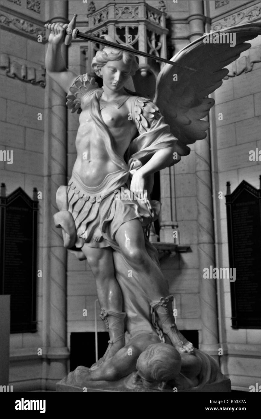 A beautiful marble statue of Saint Michael the Archangel in the foyer of Saint Peter's Seminary, London, Ontario, Canada. Stock Photo