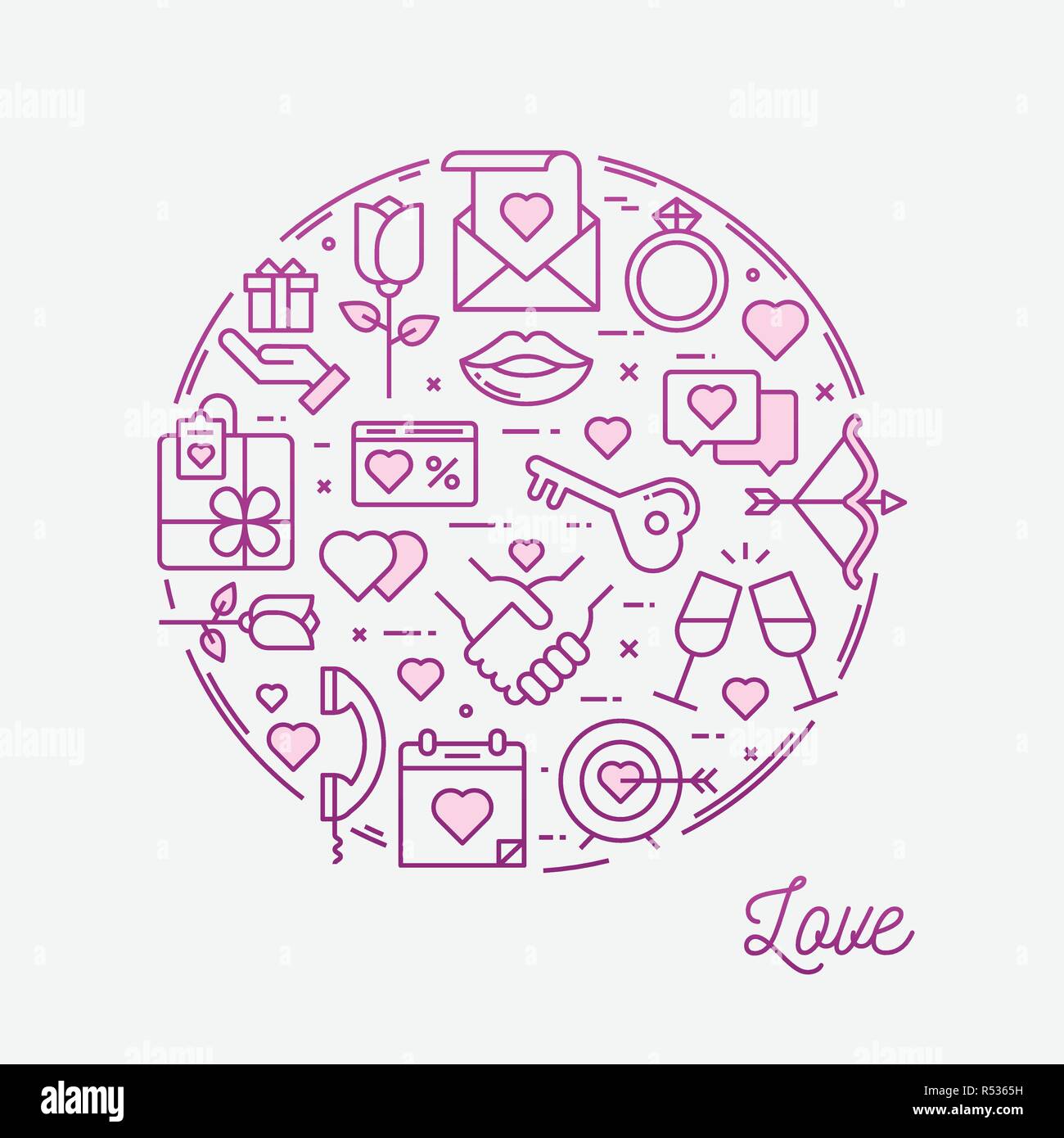 Love, thin line icons circular frame banner Stock Vector