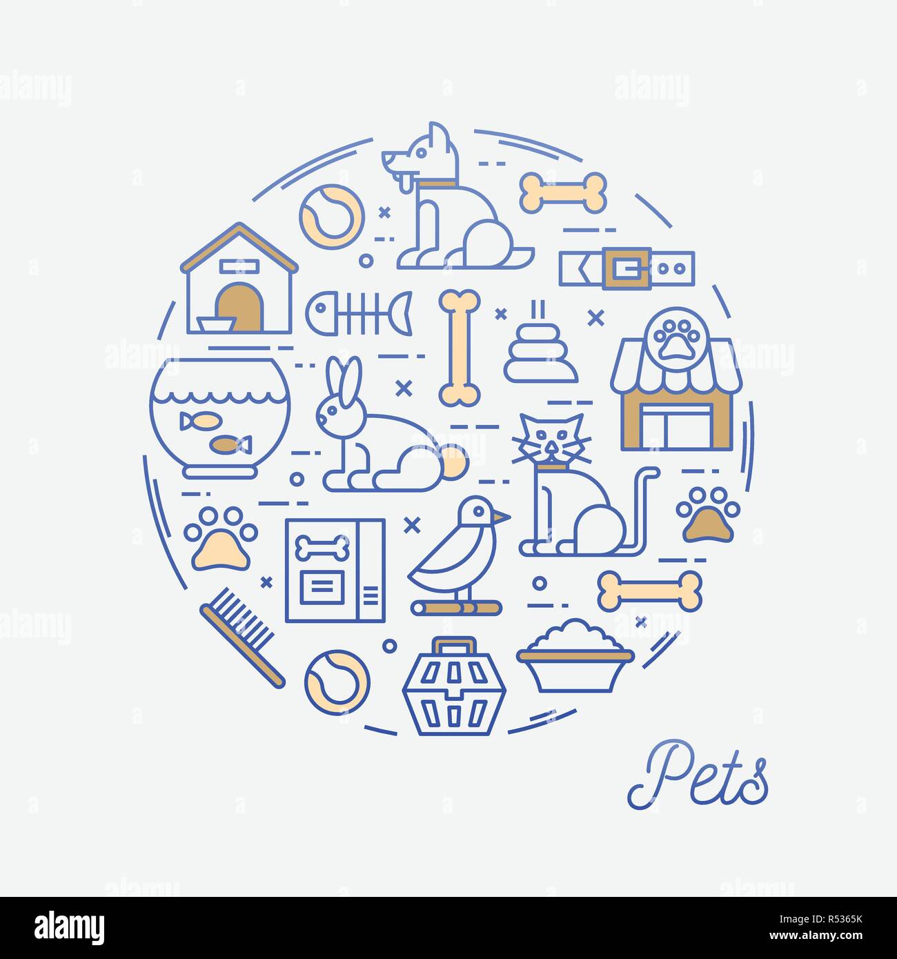 Pets, thin line icons circular frame banner Stock Vector