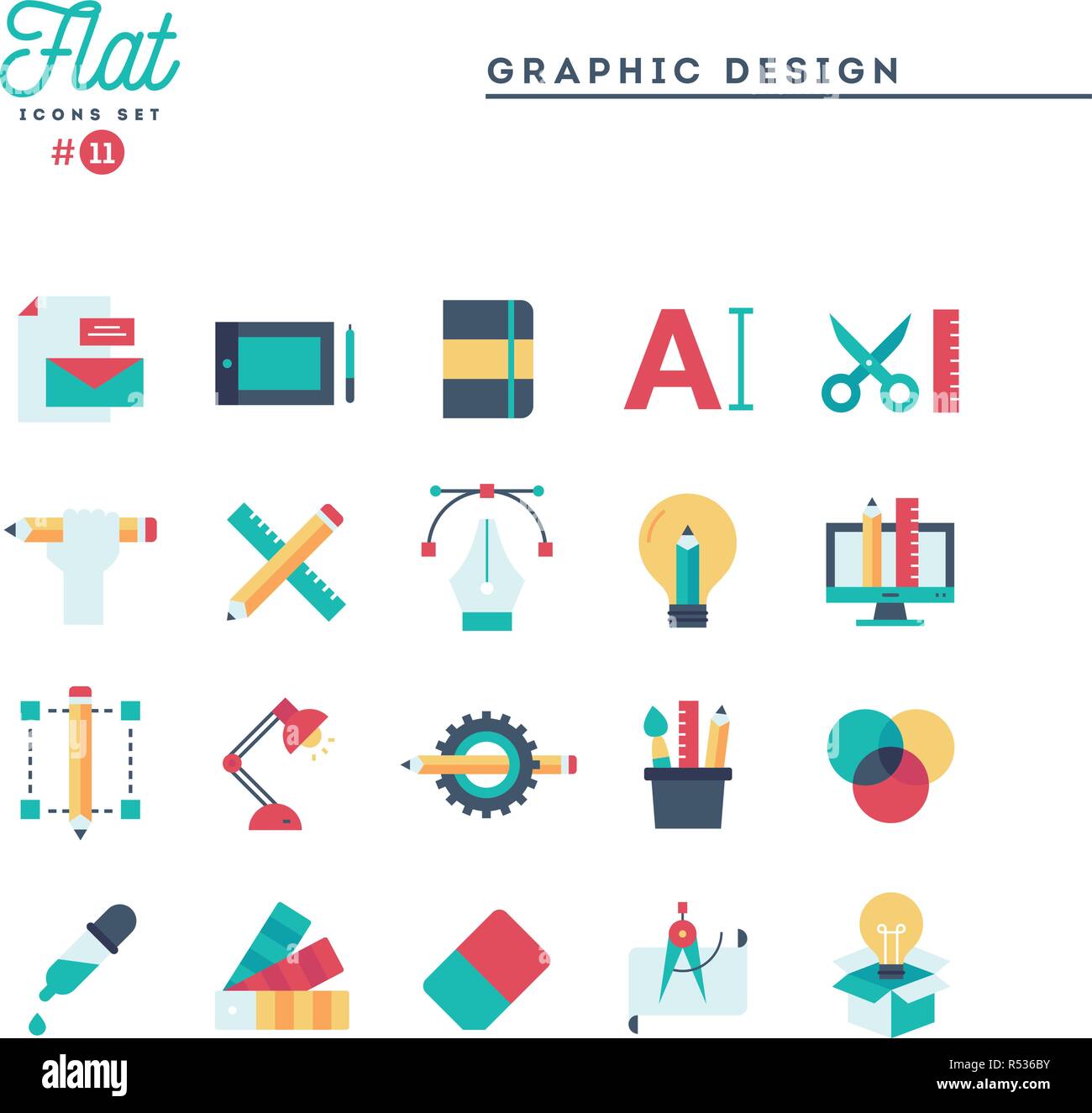 Graphic design, creative package, stationary, software and more, flat icons set Stock Vector