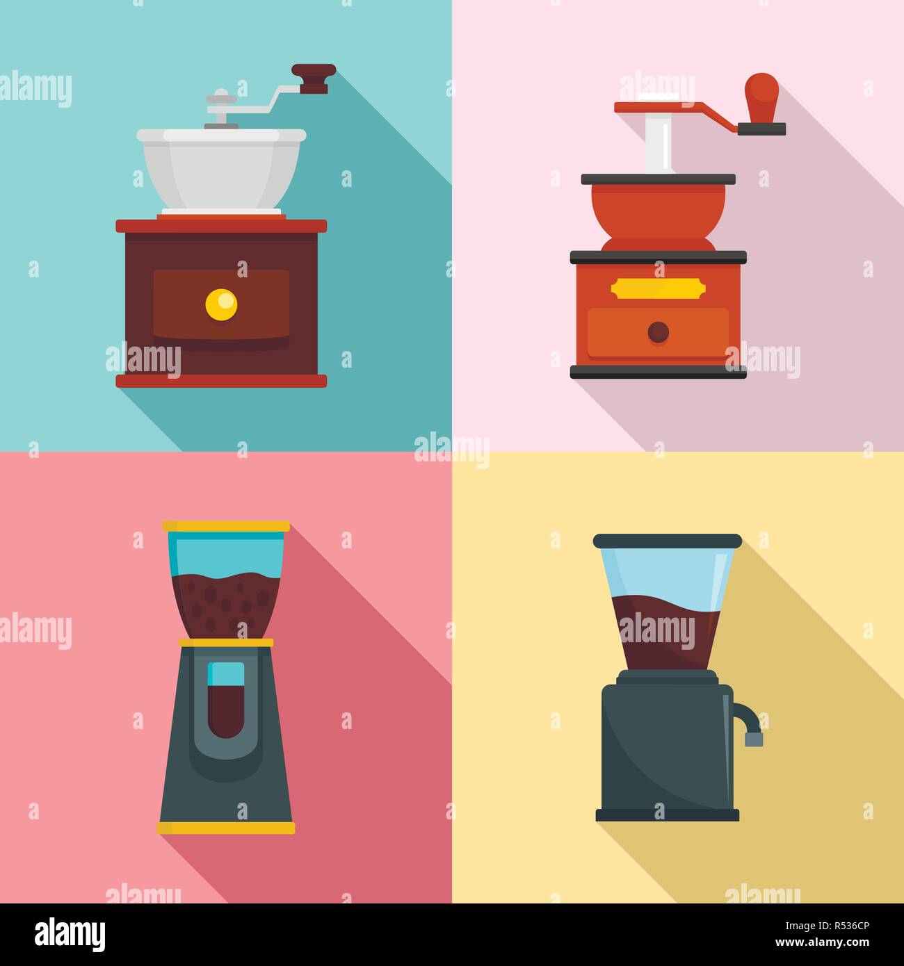 Coffee grinder icon set. Flat set of coffee grinder vector icons for