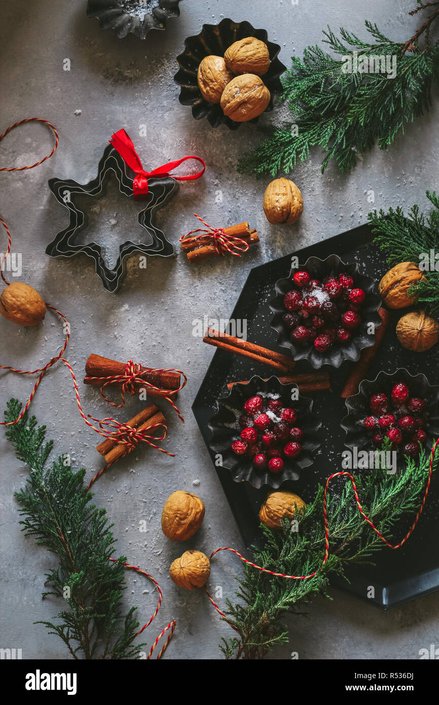 Dark mood Christmas flat lay with red berries, nuts, cinnamon sticks and evergreens Stock Photo
