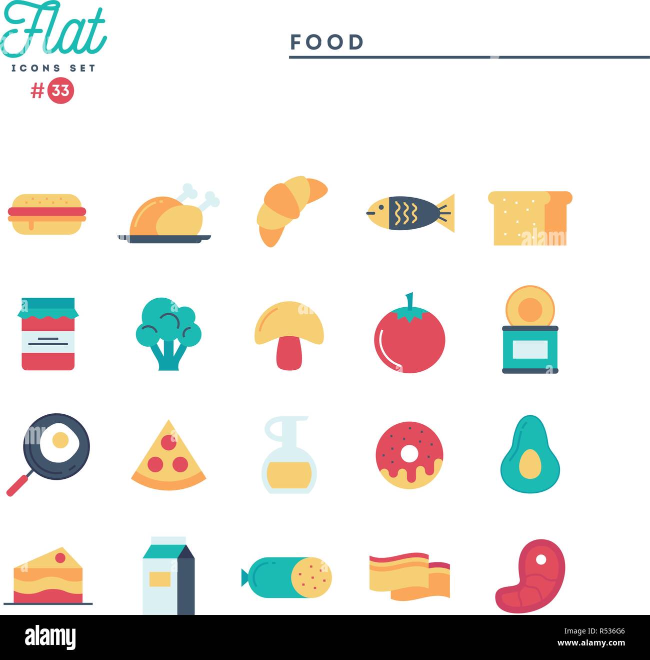 Food, meat, vegetables and more, flat icons set Stock Vector