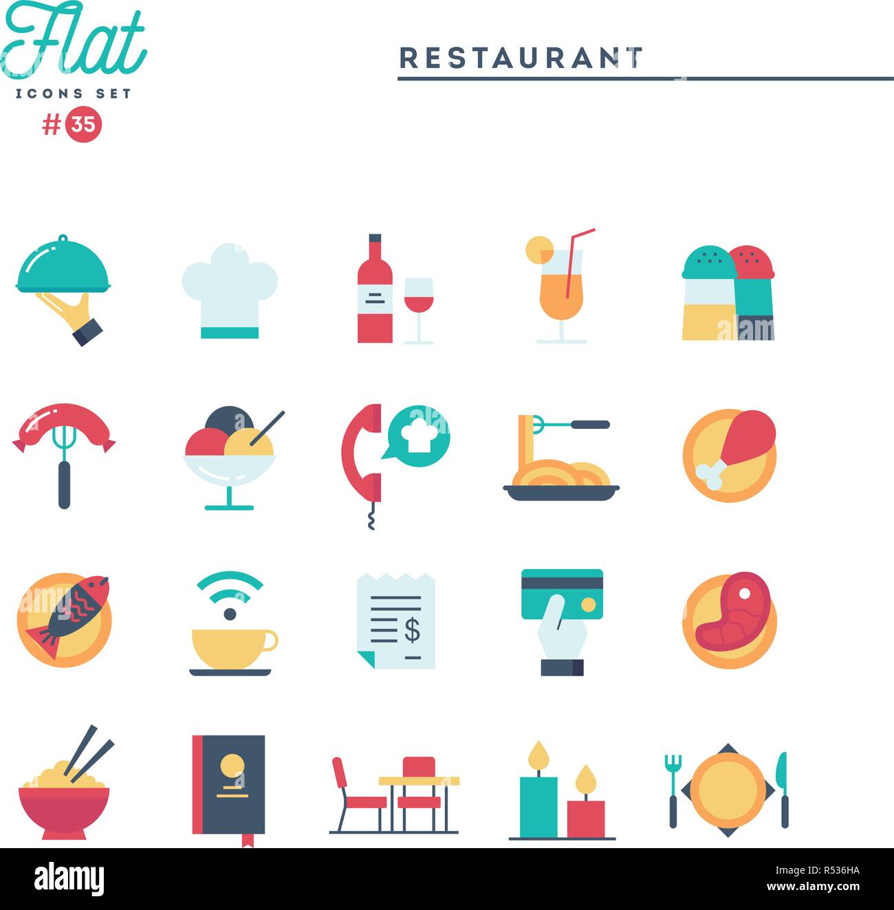 Restaurant, phone ordering, meal, receipt and more, flat icons set Stock Vector